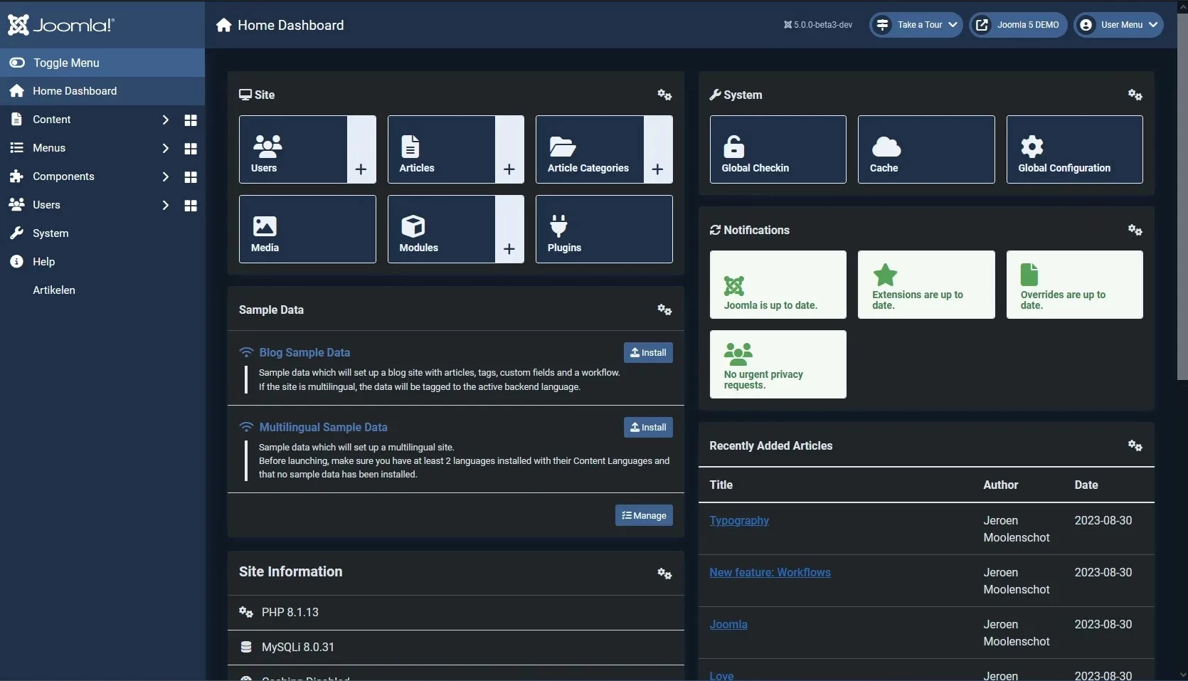 Pannello di amministrazione CMS Joomla 5