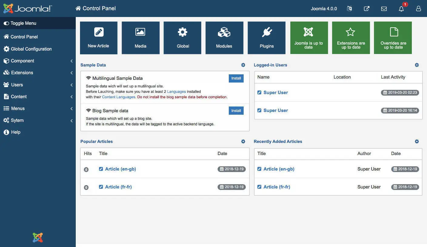 Un esempio della schermata di accesso amministratore di Joomla